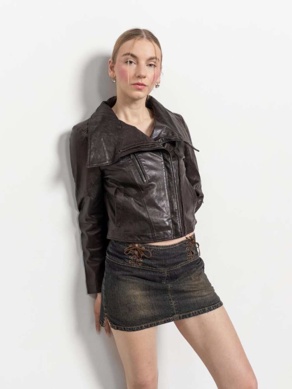 BROWN LEATHER JACKET Vintage Zip Up Coat Woman 2000's Y2K Motorcycle / Small - Picture 9 of 10